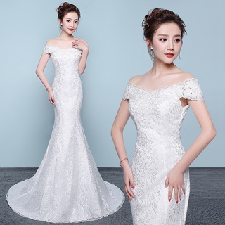 Tight waist fishtail wedding dress 2021 New elegant slimming wedding dress slim wedding dress off-shoulder bridal retro Court