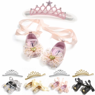 Squa 2Pcs Princess Baby Shoes Big Bow Cute Shoes for Baby Girl with Crown Headband Baby Gift