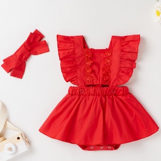 2Pcs Toddler Baby Dress Kids Red Plaid Ruffle Romper Dress+Headband Newborn Baby Kid Girl Christmas OutfitS 0-24M