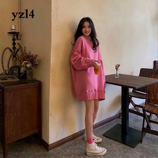 OVERSIZE Solid Color Sweatshirt Long-Sleeved Round Neck Pullover T-Shirt Loose Mid-Length Bott