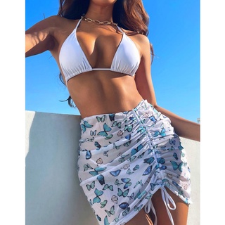 Two-piece Bikini White Swimsuit with Butterfly Skirt Cover Up