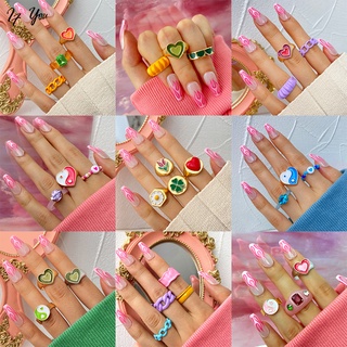 5Pcs/Set Korean Fashion Colorful Heart-shaped Rings Resin Ring Set Women Accessories