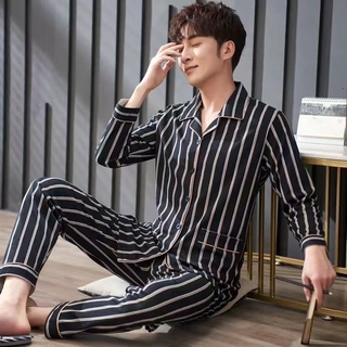 [COD Ready Stock]Korean Fashion Thin Long Sleeve Plus Size Cotton Sleepwear stripe Loose Cute Family Casual Terno Pajama Daster Sleepwear Set Nightwear For Men Adults Student