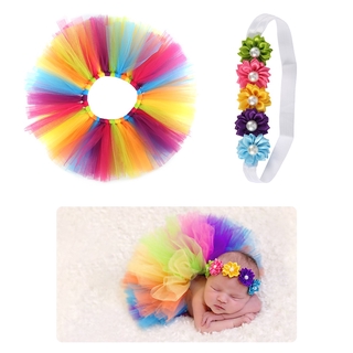 2pcs/set Newborn Baby Girl Rainbow Tutu Skirt + Floral Headband Photography Props Outfits