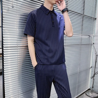 Summer Casual Suit Men's Korean-Style Trend Stripes Shirt Two-Piece Suit Stylish Loose plus Size Cropped Pants