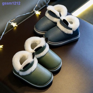 Children s cotton slippers for boys and girls cartoon new autumn and winter PU leather waterproof and warm baby indoor non-slip cotton slippers