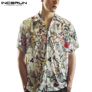 INCERUN Men's Summer Floral Printed Short Sleeve Casual Lapel Shirts