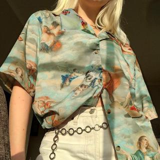 Fashion Women Loose Angel Print Tops Polo Neck Short Sleeve Street Causal Shirt