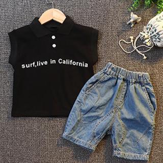 Summer Baby Boys Sleeveless Letters Pattern Vest Blouse+Denim Shorts Casual Outfits Set