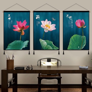 Chinese Style Lotus Flowers Canvas Painting Wall Art Poster Calligraphy Scroll Hanging Painting Art
