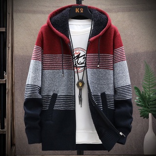 Men's Autumn Winter Hooded Plus Velvet Cardigan Sweater Jacket