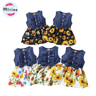 Mikrdoo 1-4T Baby Girl Princess Dress Cotton Denim Solid Sleeveless Ruffle Button Floral Print Skirt