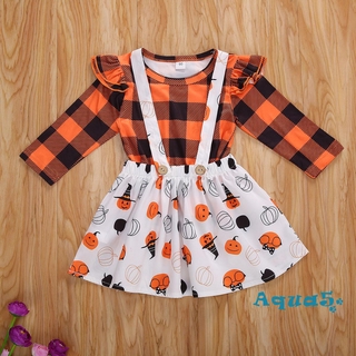 ✿ℛ1-6 Years Kids Baby Girl’s Fashion Set Plaid Long Sleeve Top and Unique Halloween Pumpkin Pattern Suspender Skirt