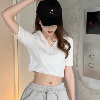 [COD & Ready Stock]Korean rib tops short sleeve knitted crop top for women