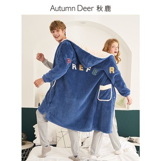 X.D Sleepwear Qiulu Autumn and Winter Couple Nightgown Hooded Thickened Pajamas Women's Letter Coral