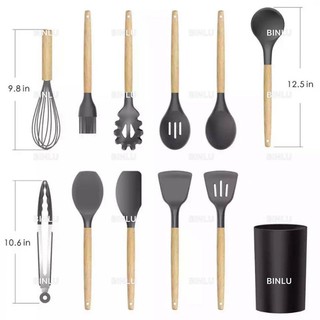 12pcs silicone cooking utensils set spatula shovel wooden handle cooking/kitchen tools storage,BINLU (3)