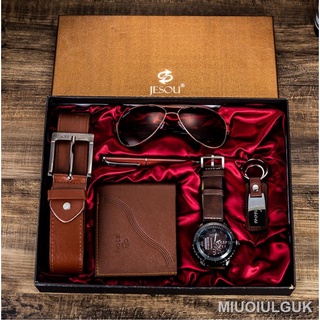 ✱✤Men\'s Gift Set Quartz Watch + PU Wallet + PU Belt + Sun Glasses + Pen + Keychain W/ Gift Box