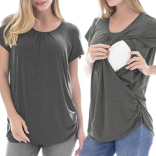 Women Maternity Short Sleeve Solid Color Nursing Tops T-shirt For Breastfeeding