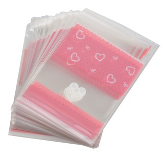 100x Bowknot OPP Self Adhesive Biscuit Plastic Bag Heart + Lace