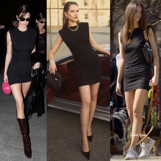 Kendall Jenner Black Bodycon Elastic Sexy Gothic Sleeveless Short Dress with Shoulder Pad for Woman