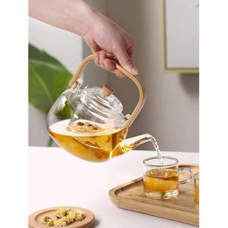 900ml Japanese Style Glass Bamboo Handle Teapot Kettle Clear Glass Teapot Warmer Heat Resistant Roun