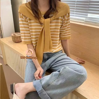 R&O #TS02 Korean Style Knitted Thin Knit Stripe Thin Tie Short Sleeve Round Neck Tshirt Top