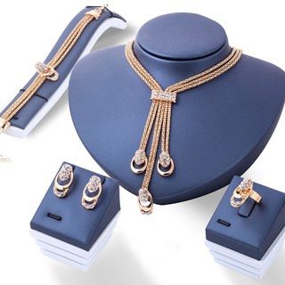 18K Gold Plated Crystal Necklace Bracelet Ring Earrings Set
