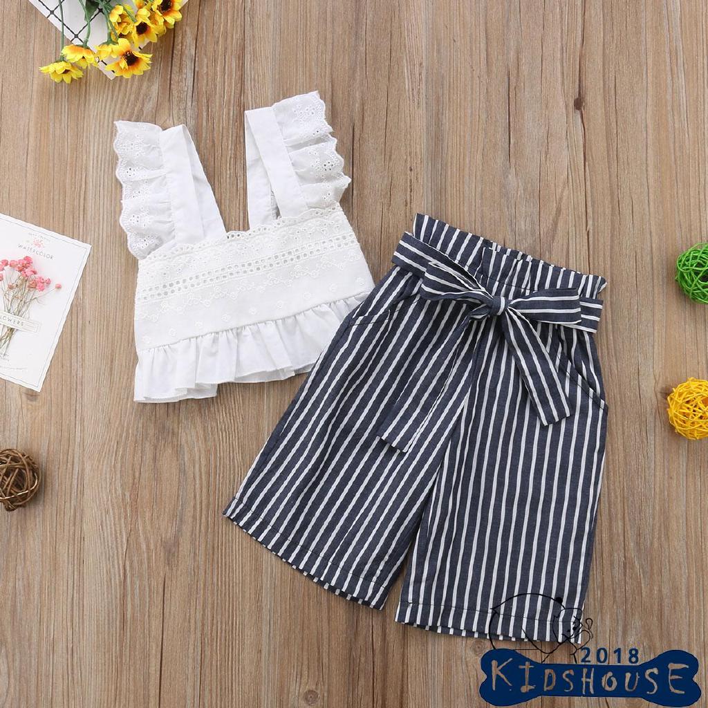 H-C★2Pcs Toddler Kids Baby Girl Lace Striped Crop Tops (2)