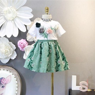 ♕ babyme ღ Bbay Girls Casual Floral Print Short Sleeve T-shirt + Floral Skirts Set
