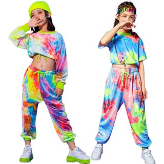 Kids Fashion Girls Tie-Dye Clothes Set Crop Tops Jogger Pants Hip Hop Clothing Streetwear Modern Jazz Dance Costume Sportswear School Pageant Performance Outfit