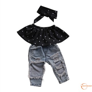 ABY-Newborn Baby Girls Dot Wrapped Chest +Bog Hole Jeans