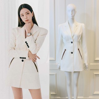 Blackpink Jisoo Fashion Slim Hollow Out Waist Blazer Women's Mid-Length White Mini Suit Dress
