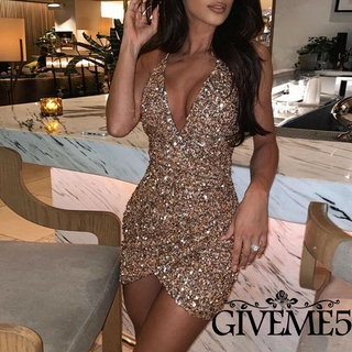 GIVEME-Sexy Women Sequins Glitter Sparkle Deep V Neck Halter Backless Bodycon Short Mini Dress Evening Party Dress
