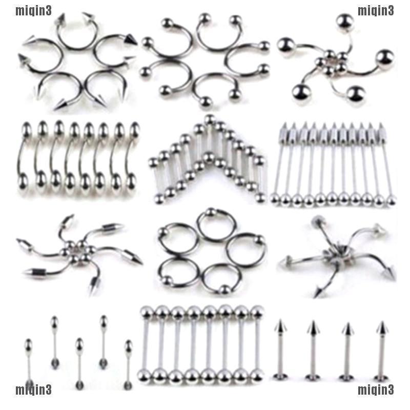 60/85PCS Stainless Steel Body Piercing Jewelry Tongue Eyebrow Nose Belly Ring