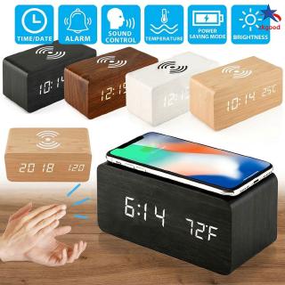 Modern Wooden Wood Digital LED Desk Alarm Clock Thermometer Qi Wireless Charger Home Office (1)