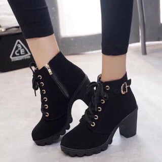 Cod Korean block heel leather ankle boots