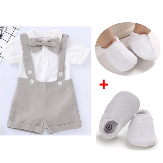 Baptismal Baby Boy Wedding Gentleman Formal Jumper Suit and Christening Clothes for Baby Boy Shoes + Romper Bowtie Gray Beige