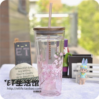 ▫☾Korea Starbucks Cup 2021 Double-layer Tea Separator Pink Cherry Blossom Gradient Glass Straw Cup, Tea Cup
