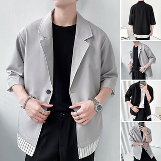 MR Mens Summer Korean Fashion Patchwork Striped Short Sleeve Loose Blazer