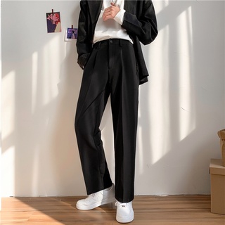 Korean Style Black Suit Pants for Men Fashion Trend Plain Trouser Loose Straight Mens Trousers Formal Casual Ankle Male Slacks