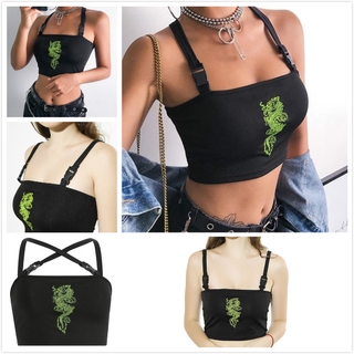 <COD>Buckle Black Dragon Embroidery Tank Top Women Cropped Streetwear Sexy Tank Tops Summer Crop Top (1)