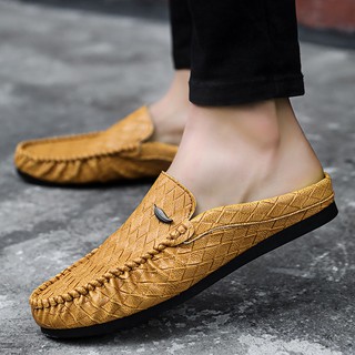 Half Shoes for Men Summer Backless Loafers Men Flats Mules Man Slip on Leather Slides Shoes Mens Dri