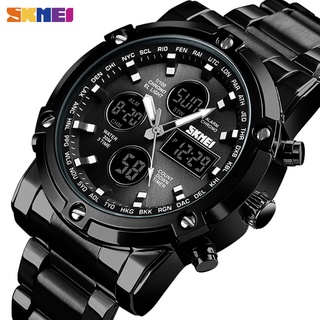 SKMEI Digital Quartz Watch Men Three Time Quartz Wrist Mens Watch Countdown Steel Strap Wristwatch C
