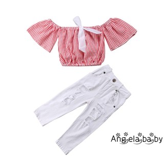 EHN-Kids Baby Girls Striped Off Shoulder Tops Lace Holes (3)
