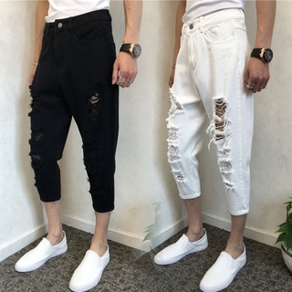 ✕❉✇Jeans Men Ripped Cropped Pants Loose Straight Men's Harem Small Feet Beggar 2.19