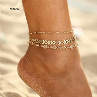 MAC-3Pcs Golden Tone Faux Crystal Fish Bone Anklet Multi-layer Beach Ankle Bracelet