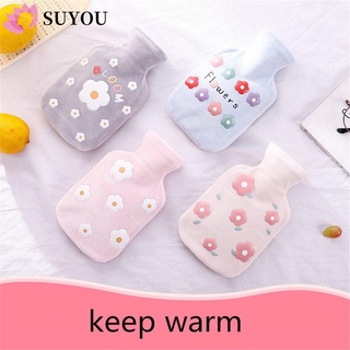 SUYOU Cute Hand Warmer Warm Relaxing Water Injection Thick Rubber Portable Flannel Cover Hot Water Bottle Cute Flower Hot Water Bottle Bag