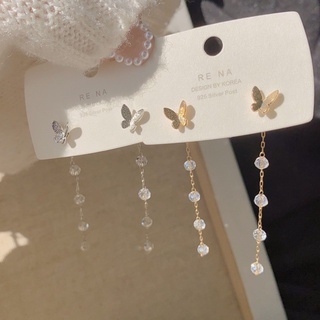 S925 Silver Post Korean Butterfly Earrings Long Tassel Stud Earrings F629