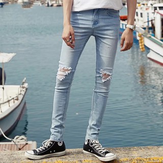 Mens Lightwash Knee Ripped Skinny Jeans *7587*