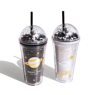 Girlwill Galaxy Black White Astronaut Glitters Dome Tumbler with Straw (5)